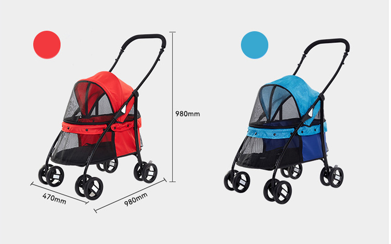 Compact Foldable Pet Stroller with Universal Wheels - Breathable Oxford Cloth in Red and Blue