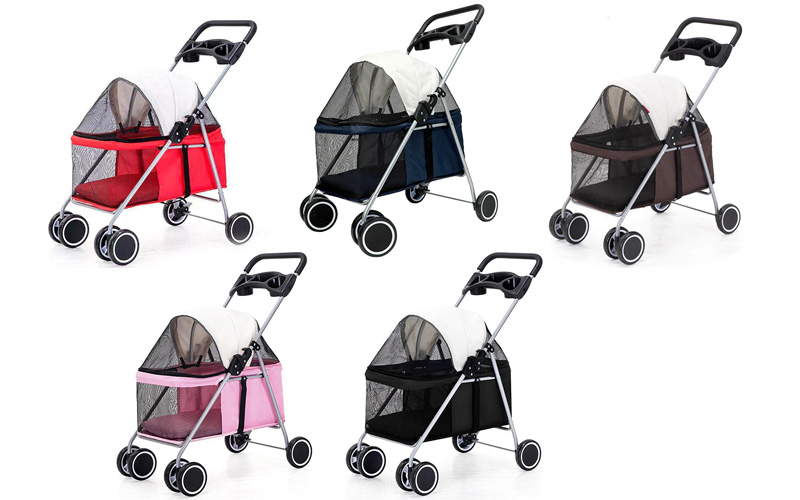 Four-Wheel Pet Stroller | Portable Folding Dog & Cat Enclosure | Breathable Mesh Visibility Design