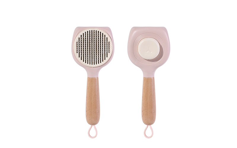 Pet Grooming Comb with Solid Wood Handle and Stainless Steel Bristles - White & Khaki