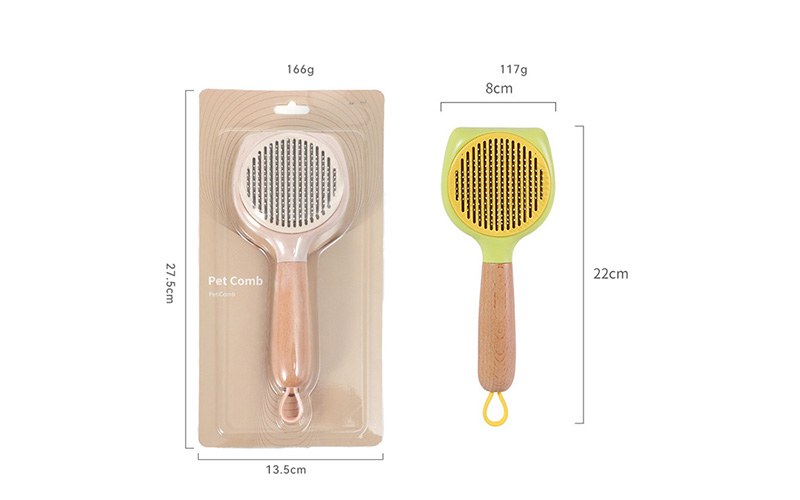 Pet Grooming Comb with Solid Wood Handle and Stainless Steel Bristles - White & Khaki